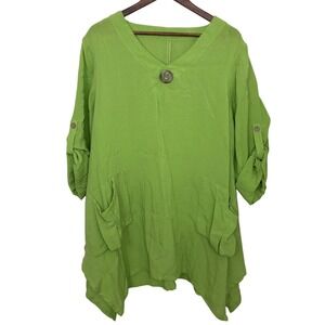 Fridaze Womens Linen Green Top Tunic Lagenlook Size M-XL‎ Oversized Quiet Luxury